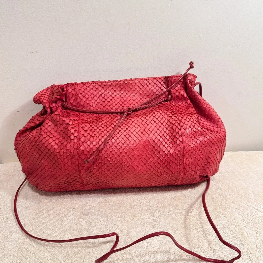Carlos Falchi Women's Red Python Snakeskin Drawstring Shoulder Crossbody Bag